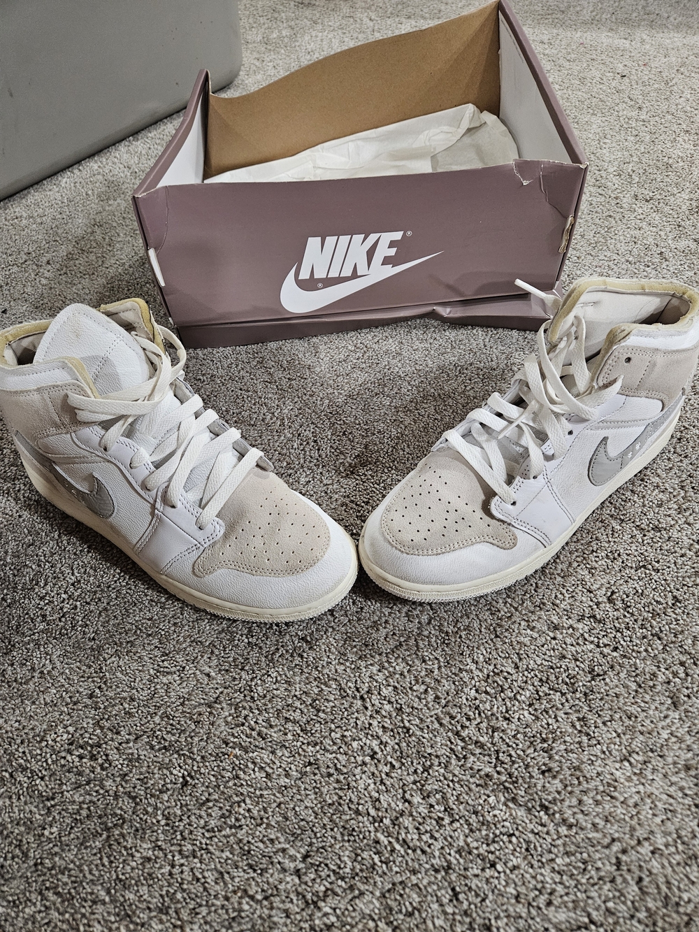 Nike Air Jordan Mid 1 High-Top Sneakers in White and Beige